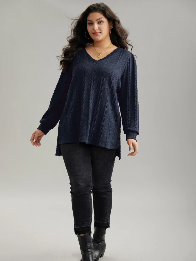 Plain Cable Knit Elastic Cuffs Sweatshirt - Image 4