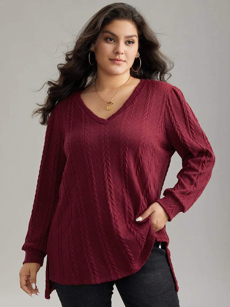 Plain Cable Knit Elastic Cuffs Sweatshirt - Image 5