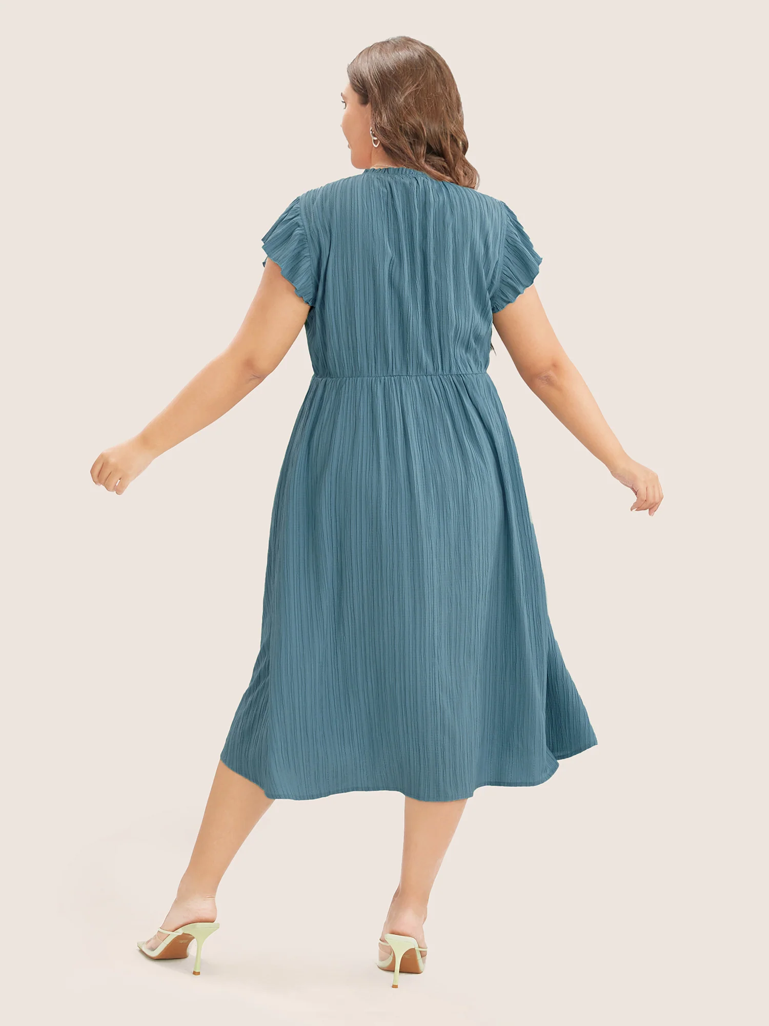 Plain Cap Sleeve Ruffles Trim Mock Neck Pocket Dress - Image 2