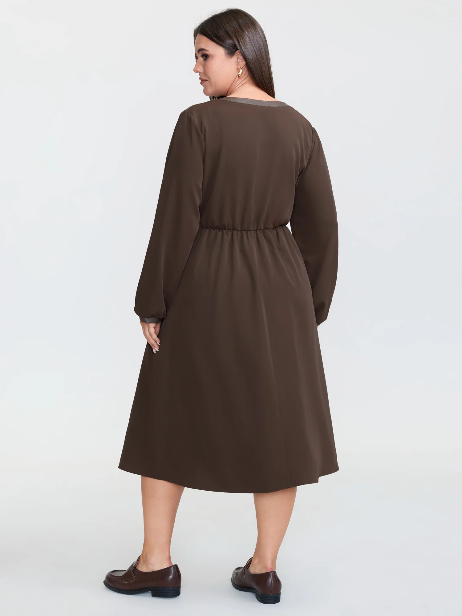 Plain Cinched-Waist Pockets Midi Dress - Image 4