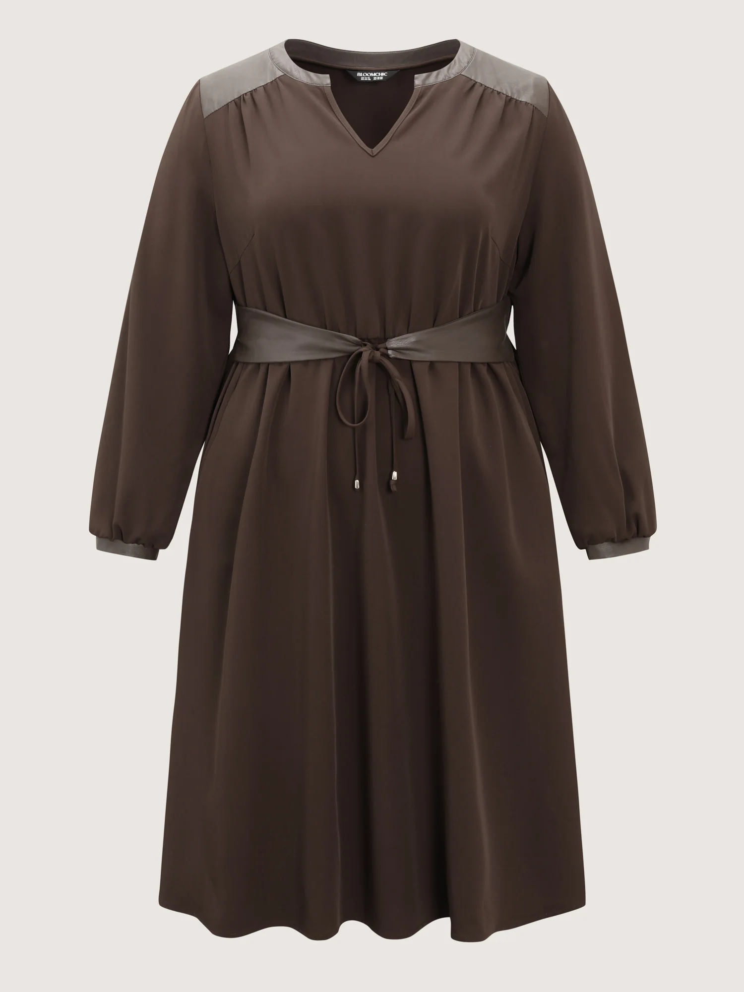 Plain Cinched-Waist Pockets Midi Dress - Image 7