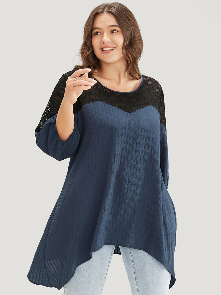 Plain Contrast Lace Asymmetrical Lantern Sleeve Blouse - Image 2