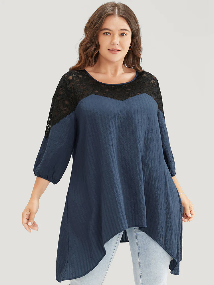Plain Contrast Lace Asymmetrical Lantern Sleeve Blouse - Image 3
