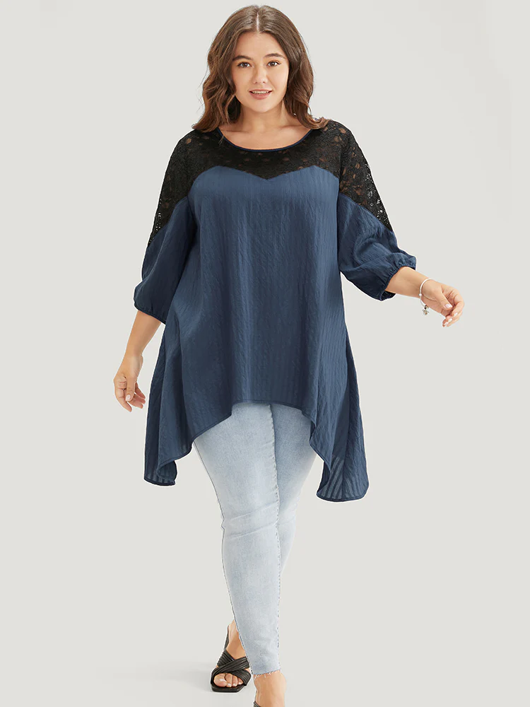 Plain Contrast Lace Asymmetrical Lantern Sleeve Blouse - Image 4