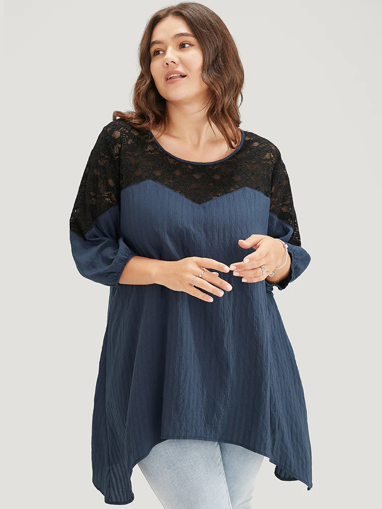 Plain Contrast Lace Asymmetrical Lantern Sleeve Blouse - Image 5