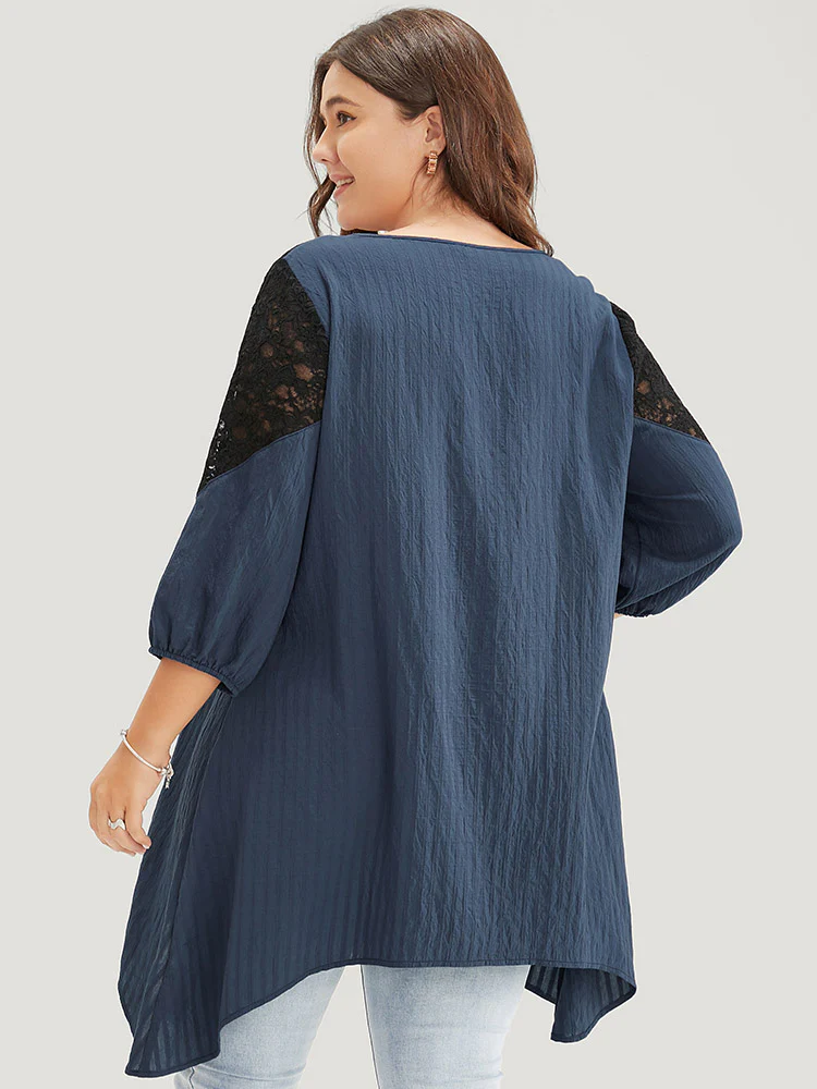 Plain Contrast Lace Asymmetrical Lantern Sleeve Blouse - Image 6