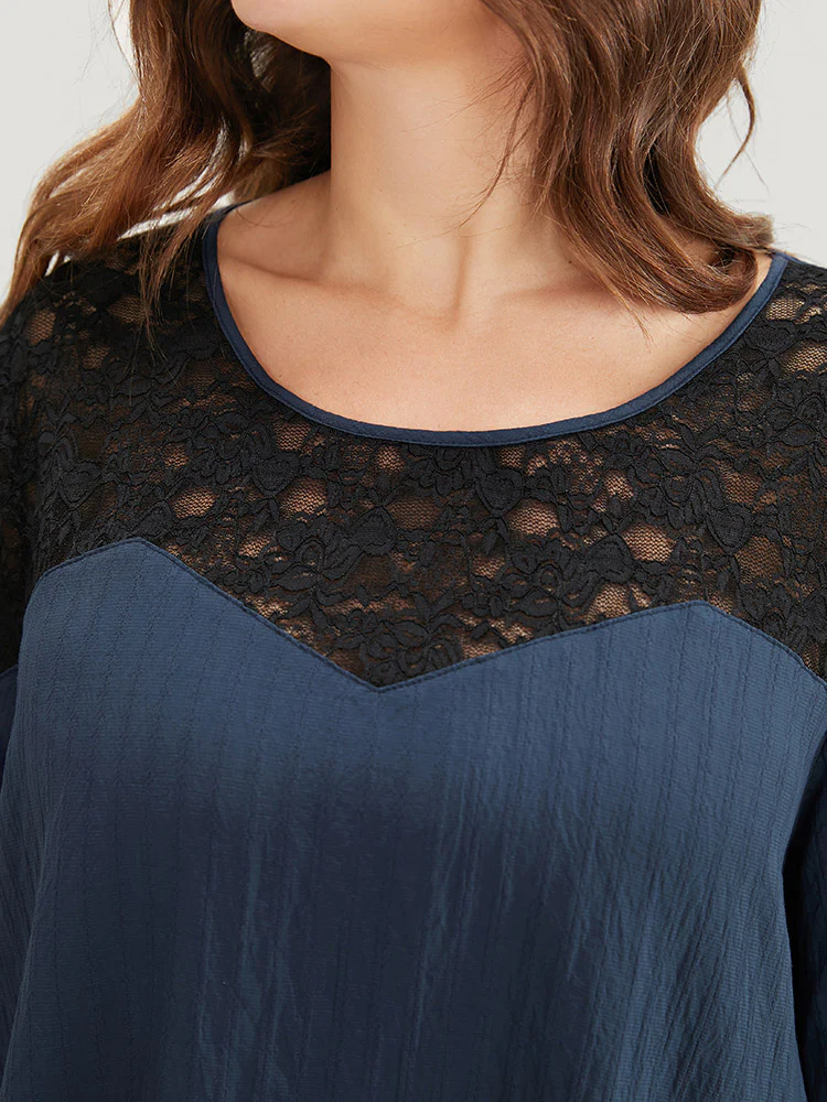 Plain Contrast Lace Asymmetrical Lantern Sleeve Blouse - Image 8
