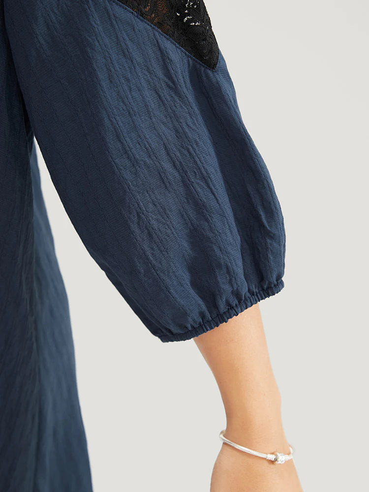 Plain Contrast Lace Asymmetrical Lantern Sleeve Blouse - Image 9