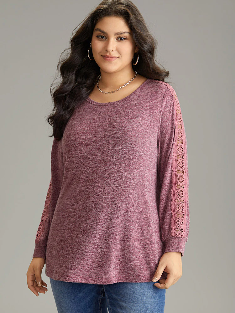 Plain Contrast Lace Crew Neck T-shirt - Image 3