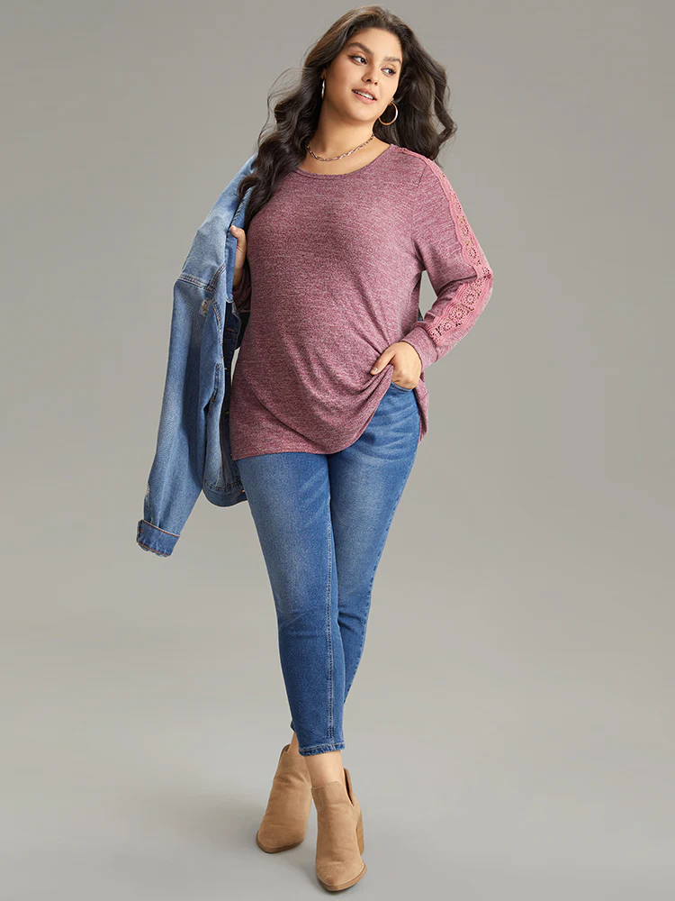 Plain Contrast Lace Crew Neck T-shirt - Image 4
