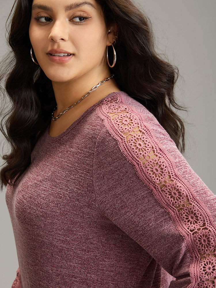 Plain Contrast Lace Crew Neck T-shirt - Image 5