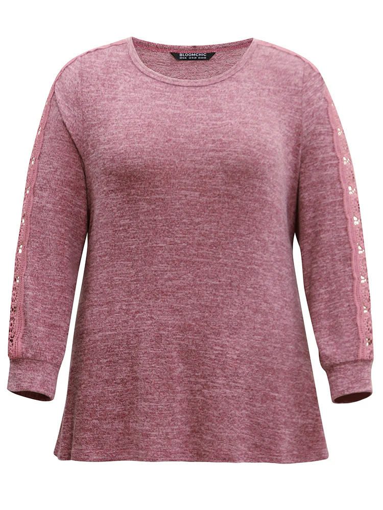 Plain Contrast Lace Crew Neck T-shirt - Image 6