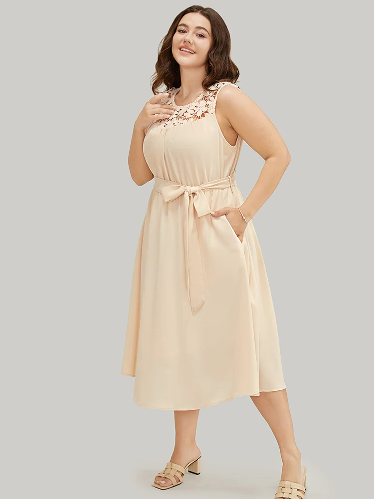 Plain Contrast Lace Keyhole Belted Pocket Pompom Trim Tank Dress - Image 3