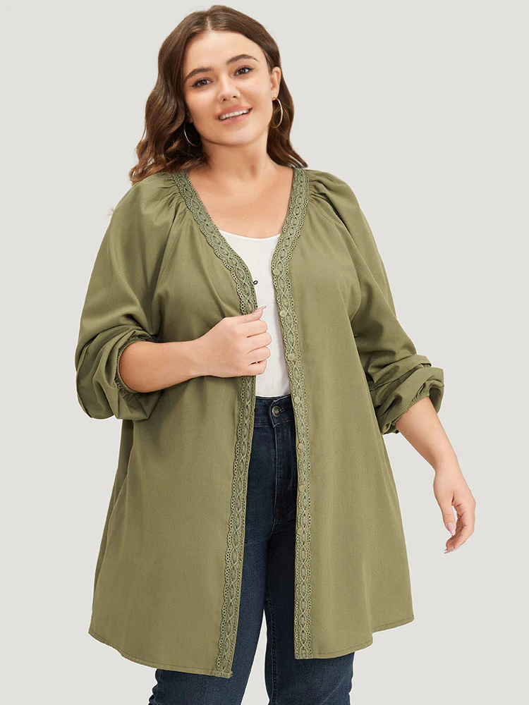 Plain Contrast Lace Lantern Sleeve Button Fly Coat - Image 3