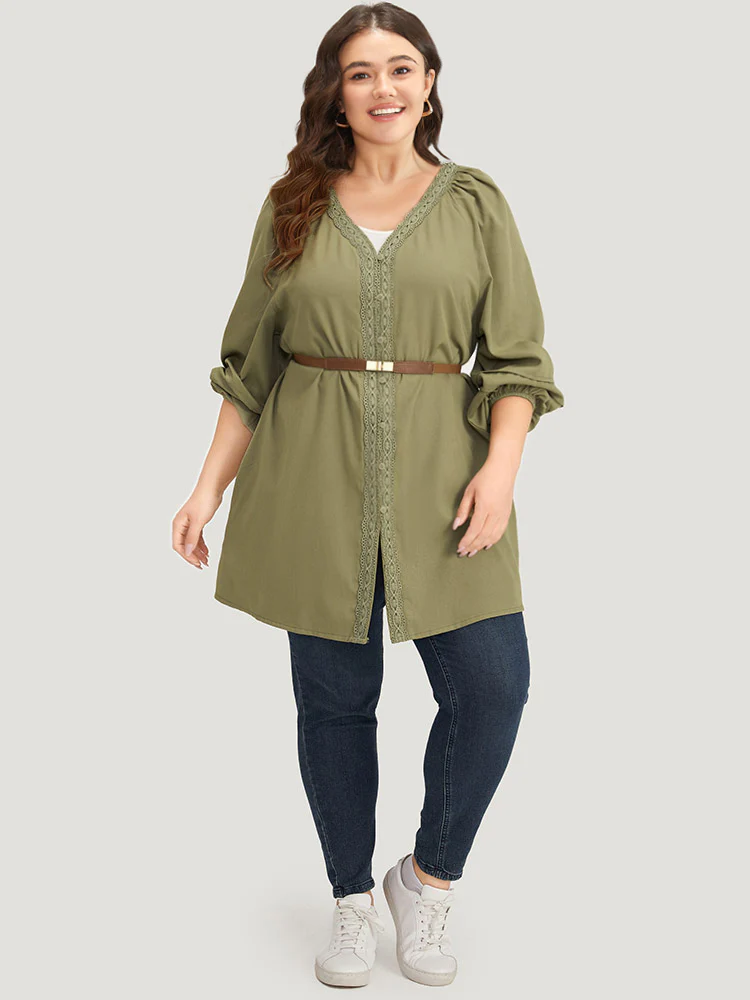 Plain Contrast Lace Lantern Sleeve Button Fly Coat - Image 4