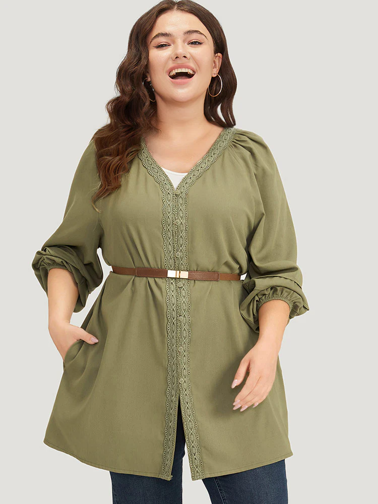 Plain Contrast Lace Lantern Sleeve Button Fly Coat - Image 5