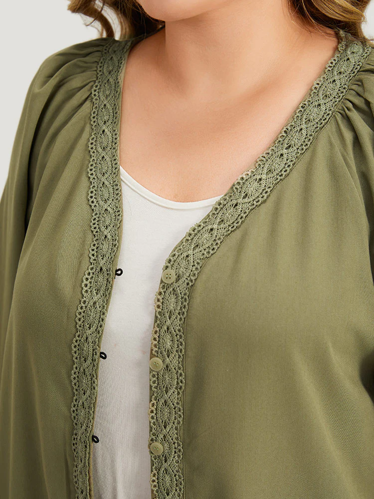 Plain Contrast Lace Lantern Sleeve Button Fly Coat - Image 7