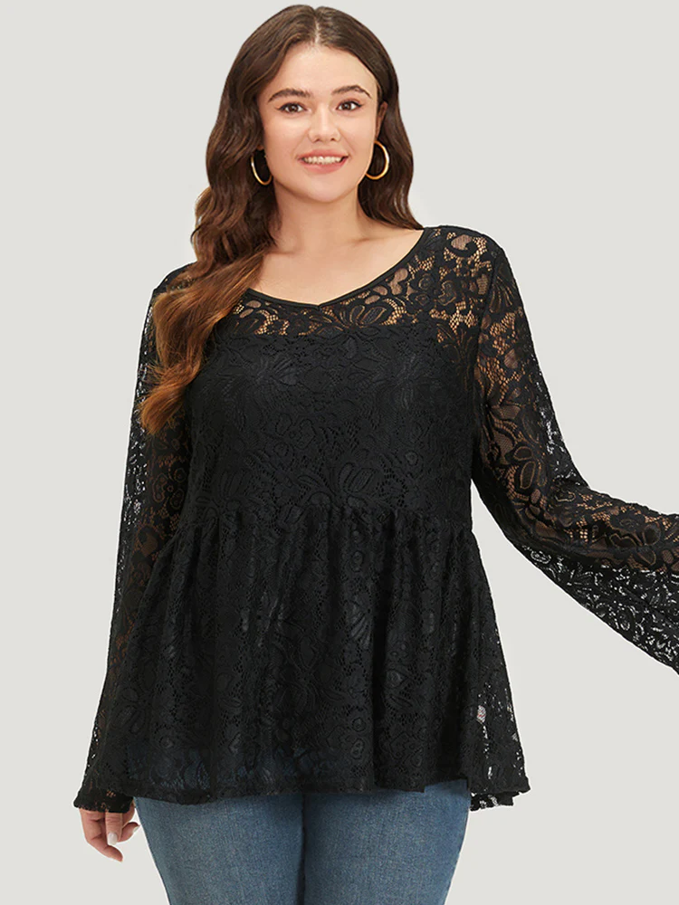 Plain Contrast Lace Mesh Gathered Bell Sleeve T-shirt - Image 2
