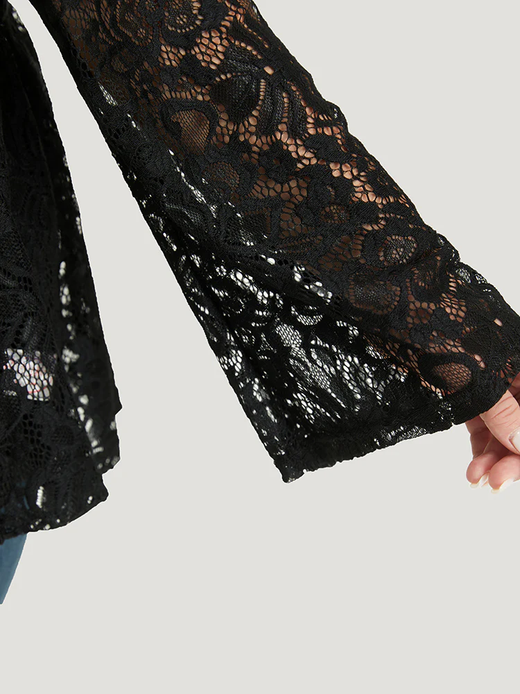 Plain Contrast Lace Mesh Gathered Bell Sleeve T-shirt - Image 6
