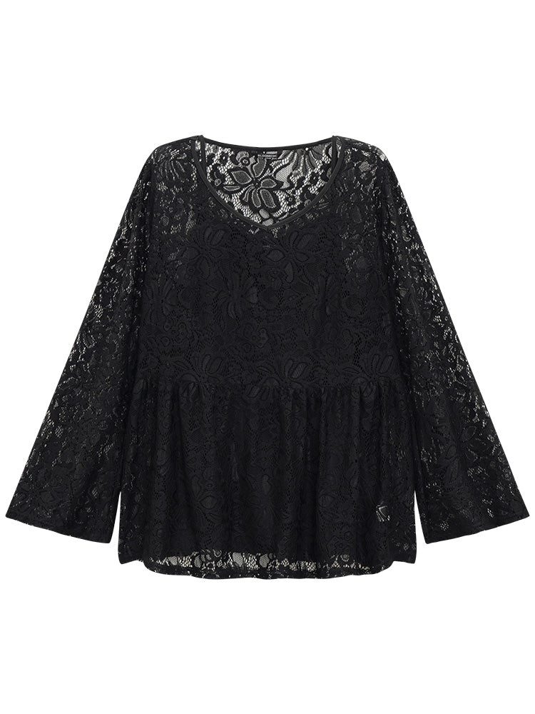 Plain Contrast Lace Mesh Gathered Bell Sleeve T-shirt - Image 7