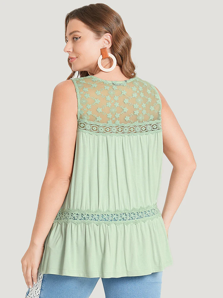 Plain Contrast Lace Mesh Ruffle Hem Tank Top - Image 2