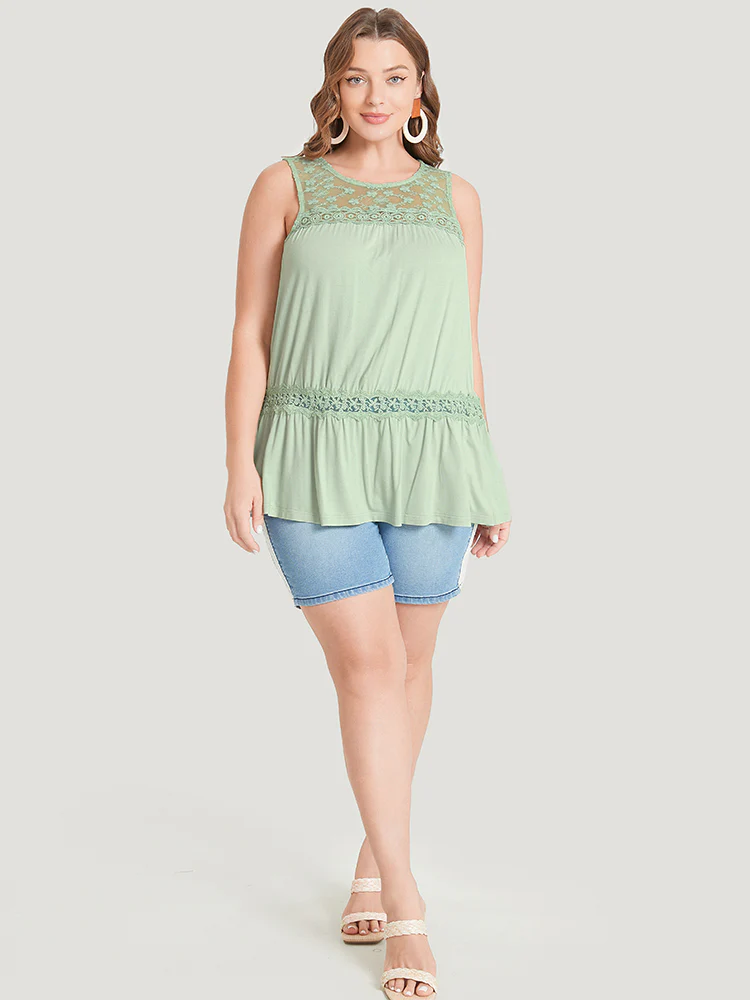 Plain Contrast Lace Mesh Ruffle Hem Tank Top - Image 4