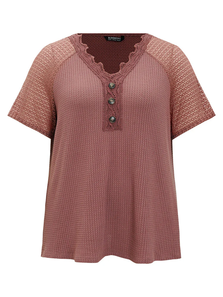 Plain Contrast Lace Raglan Sleeve Button Detail T-shirt - Image 10