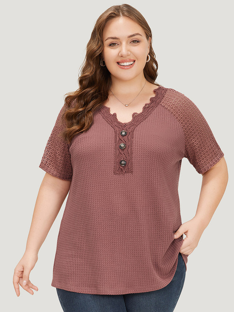 Plain Contrast Lace Raglan Sleeve Button Detail T-shirt - Image 3