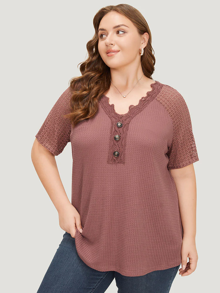Plain Contrast Lace Raglan Sleeve Button Detail T-shirt - Image 5