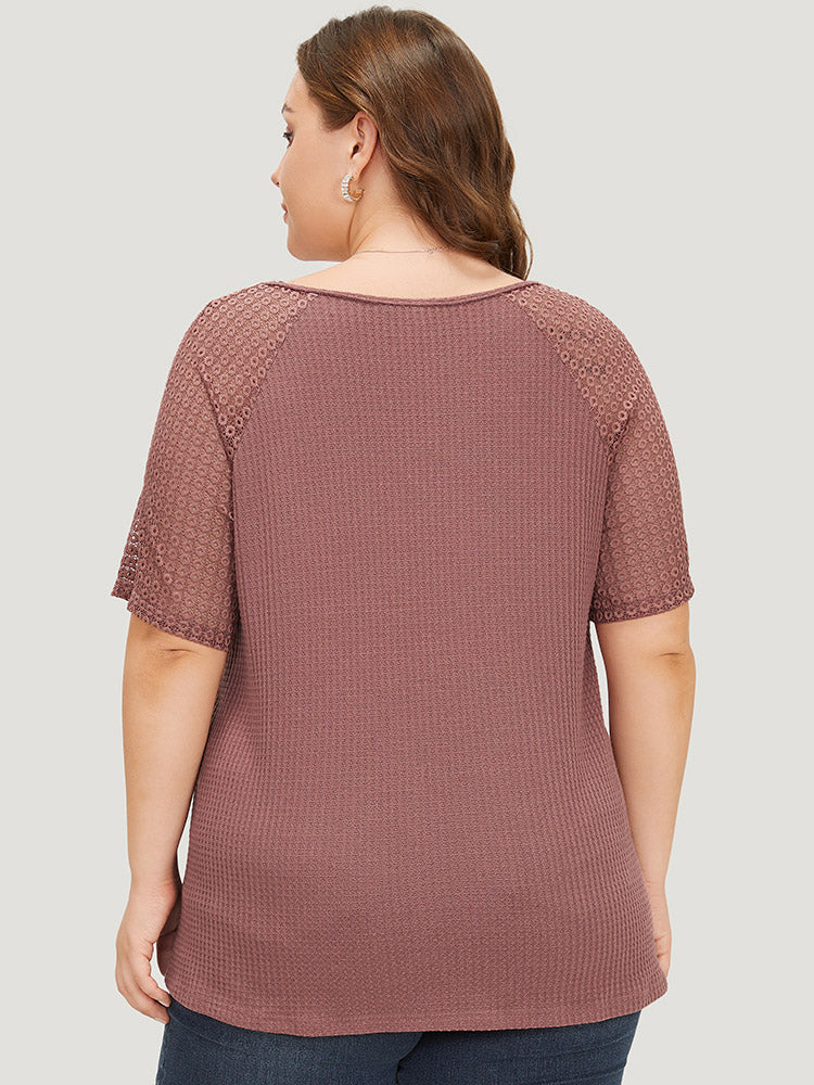 Plain Contrast Lace Raglan Sleeve Button Detail T-shirt - Image 6
