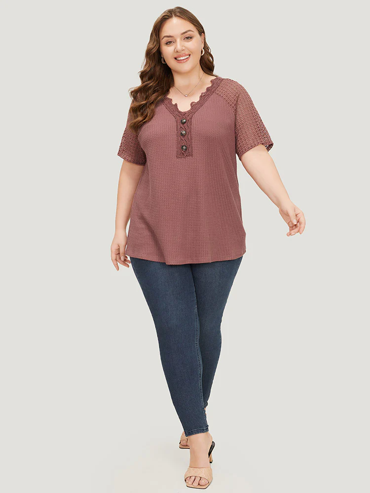 Plain Contrast Lace Raglan Sleeve Button Detail T-shirt - Image 7