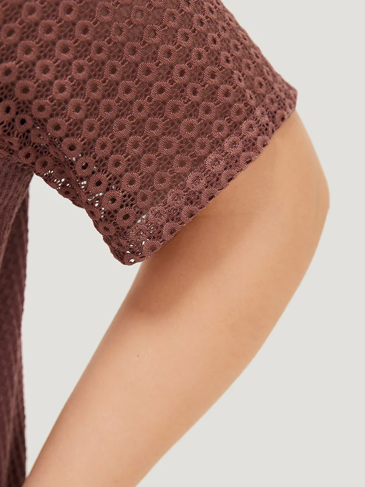 Plain Contrast Lace Raglan Sleeve Button Detail T-shirt - Image 8
