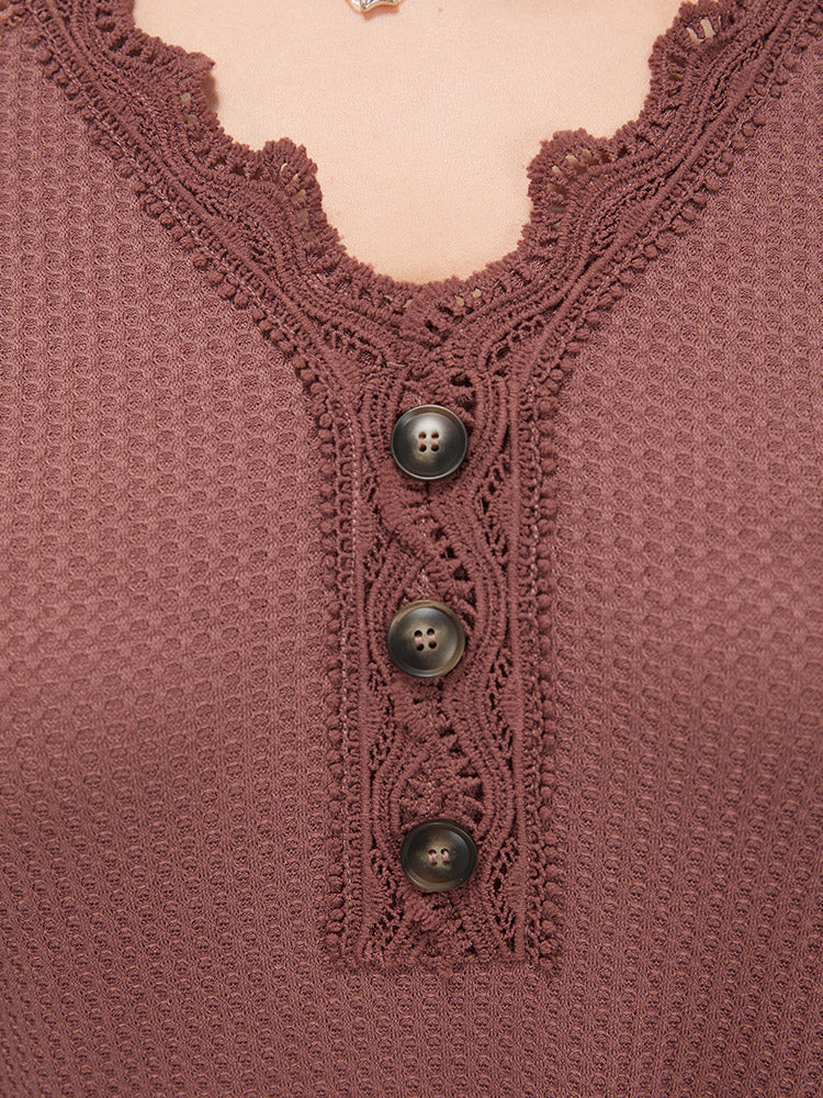 Plain Contrast Lace Raglan Sleeve Button Detail T-shirt - Image 9