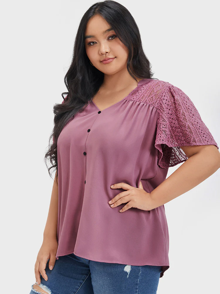 Plain Contrast Lace Ruffles Button V Neck Blouse - Image 3