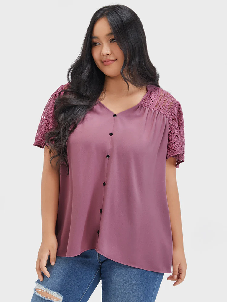 Plain Contrast Lace Ruffles Button V Neck Blouse - Image 4
