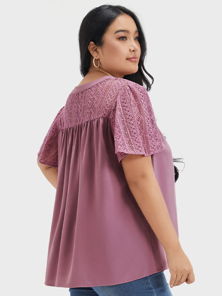 Plain Contrast Lace Ruffles Button V Neck Blouse - Image 6