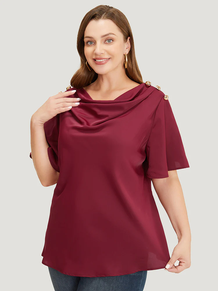 Plain Cowl Neck Button Detail Flutter Sleeve Blouse