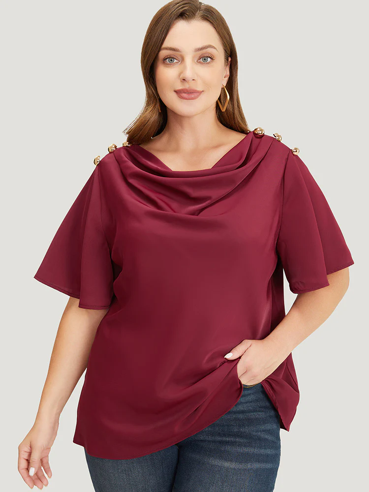 Plain Cowl Neck Button Detail Flutter Sleeve Blouse - Image 2