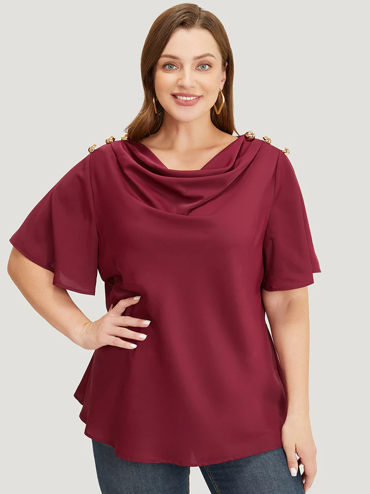 Plain Cowl Neck Button Detail Flutter Sleeve Blouse - Image 3