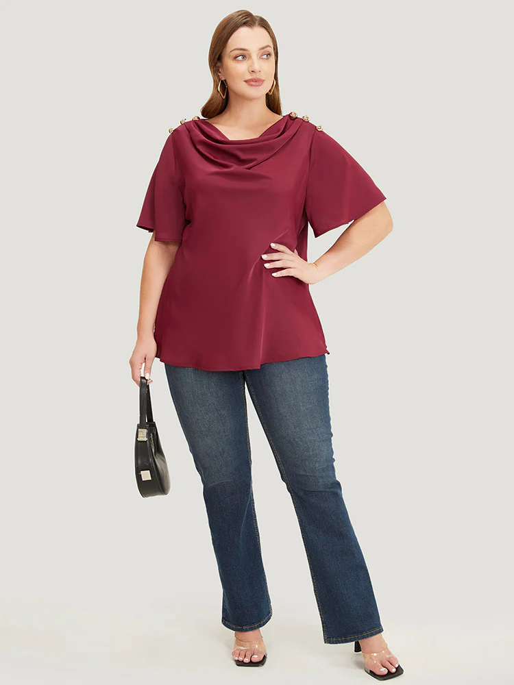 Plain Cowl Neck Button Detail Flutter Sleeve Blouse - Image 4