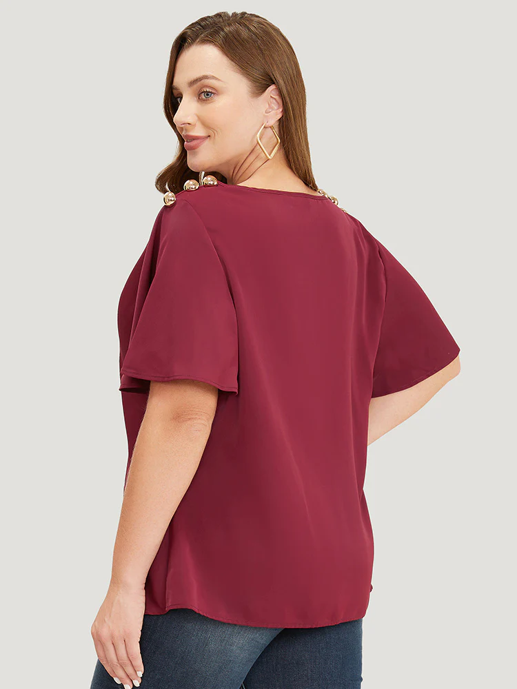 Plain Cowl Neck Button Detail Flutter Sleeve Blouse - Image 5