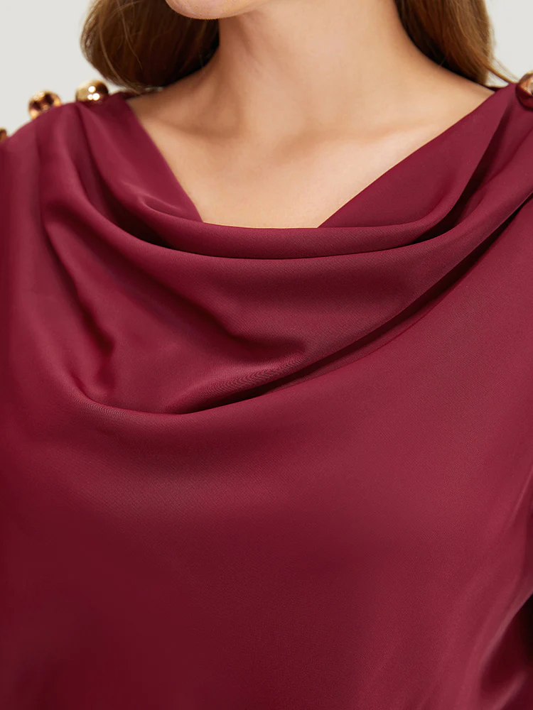 Plain Cowl Neck Button Detail Flutter Sleeve Blouse - Image 6