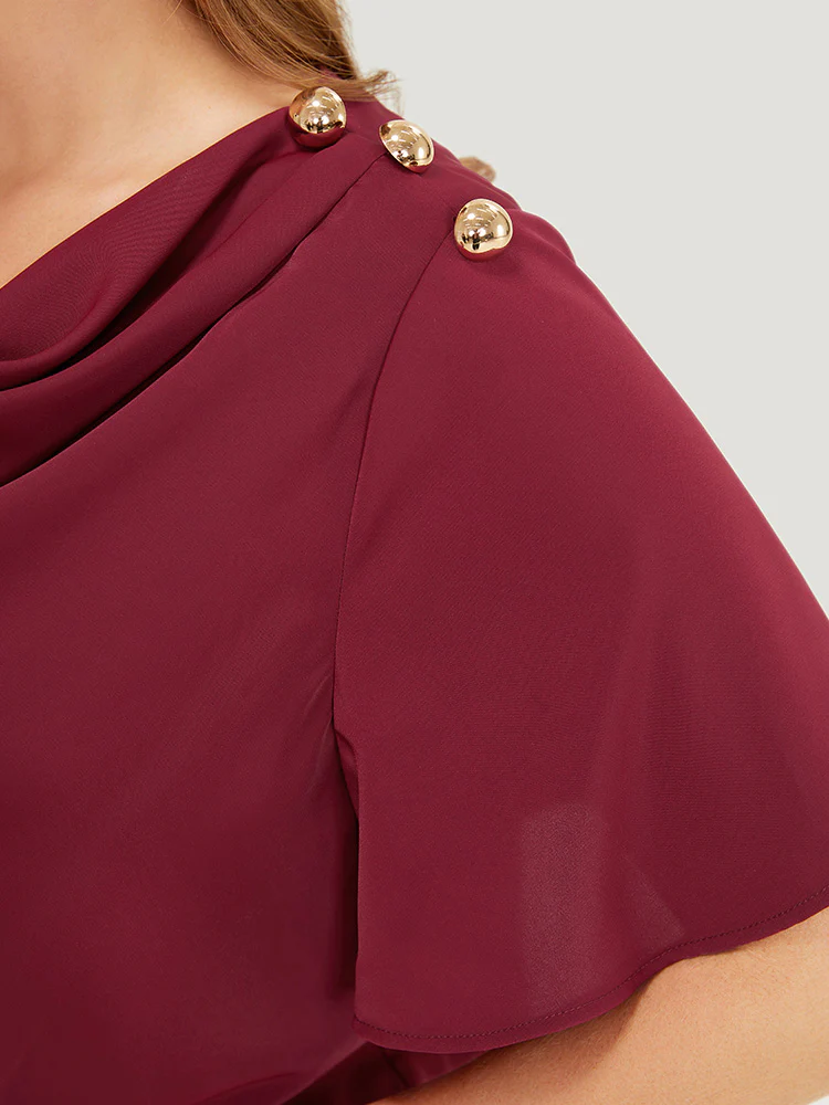 Plain Cowl Neck Button Detail Flutter Sleeve Blouse - Image 7