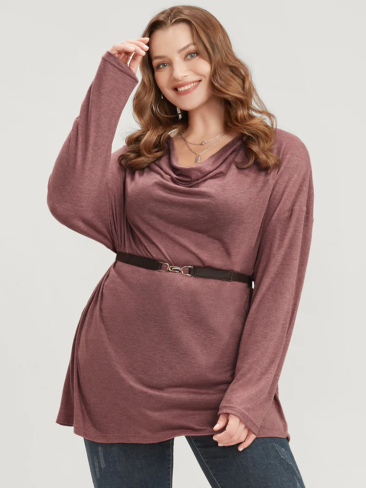 Plain Cowl Neck Long Tee - Image 2