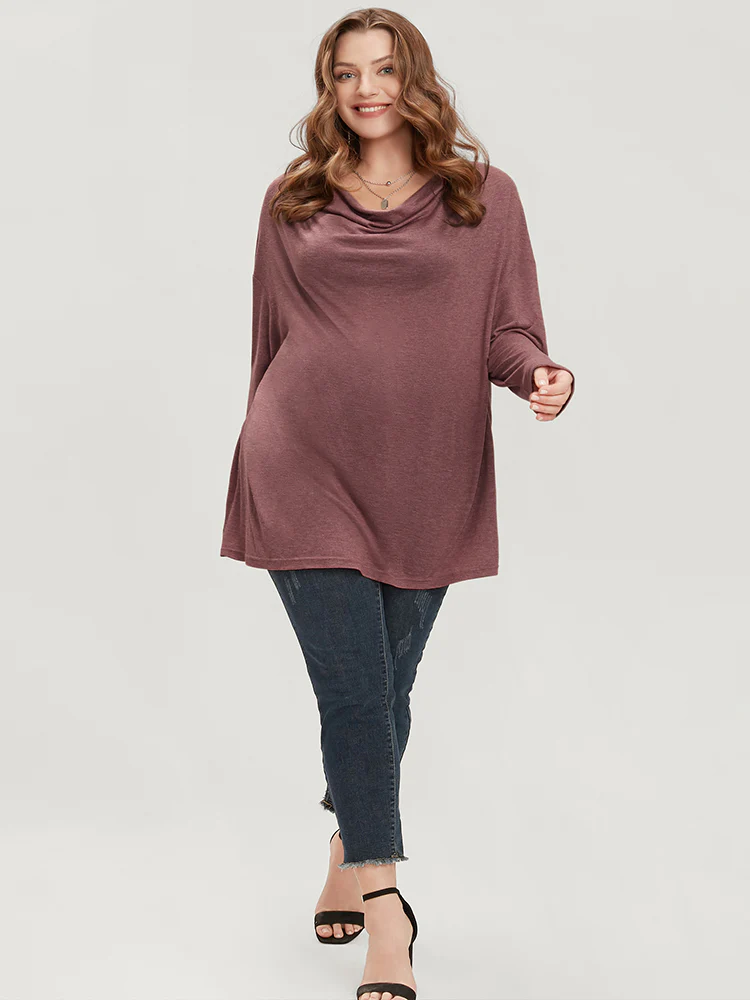 Plain Cowl Neck Long Tee - Image 4