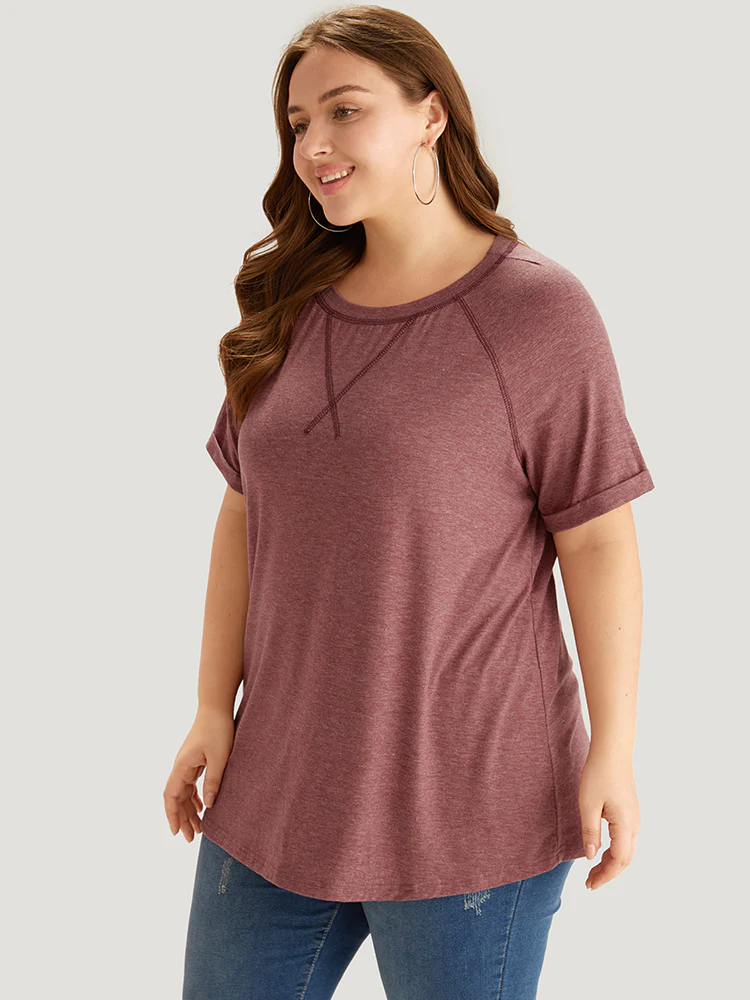 Plain Crew Neck Stitch Roll Sleeve T-shirt - Image 3