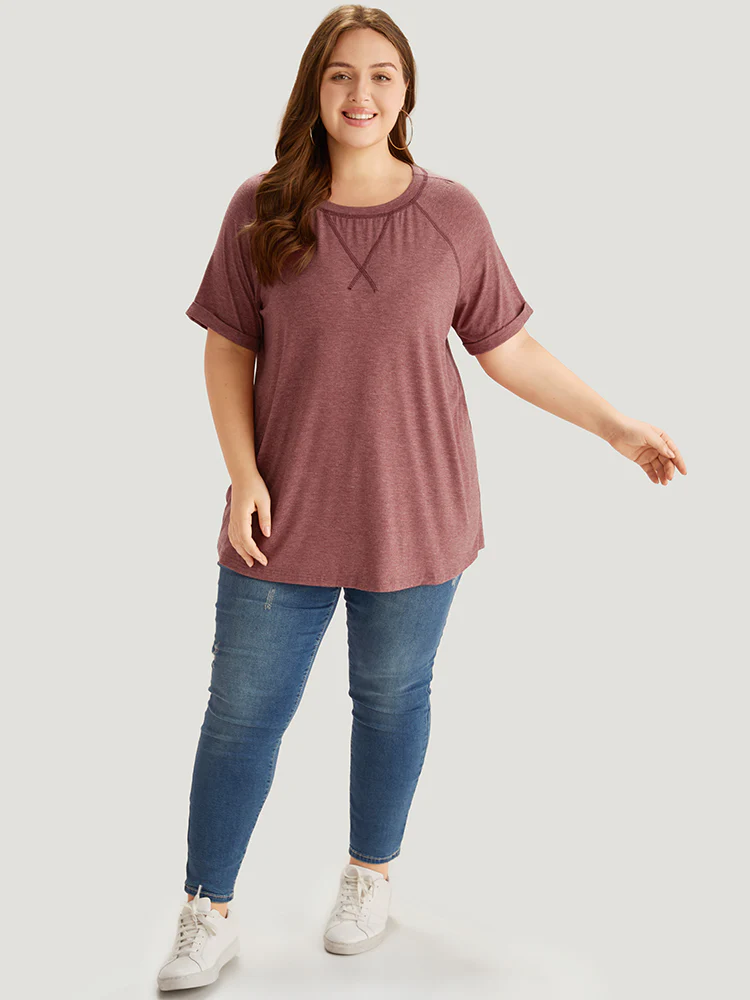 Plain Crew Neck Stitch Roll Sleeve T-shirt - Image 4