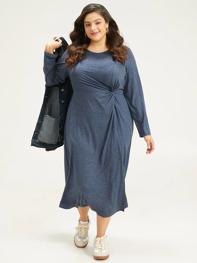Plain Crew Neck Twist Front Split Hem Dress - Image 2