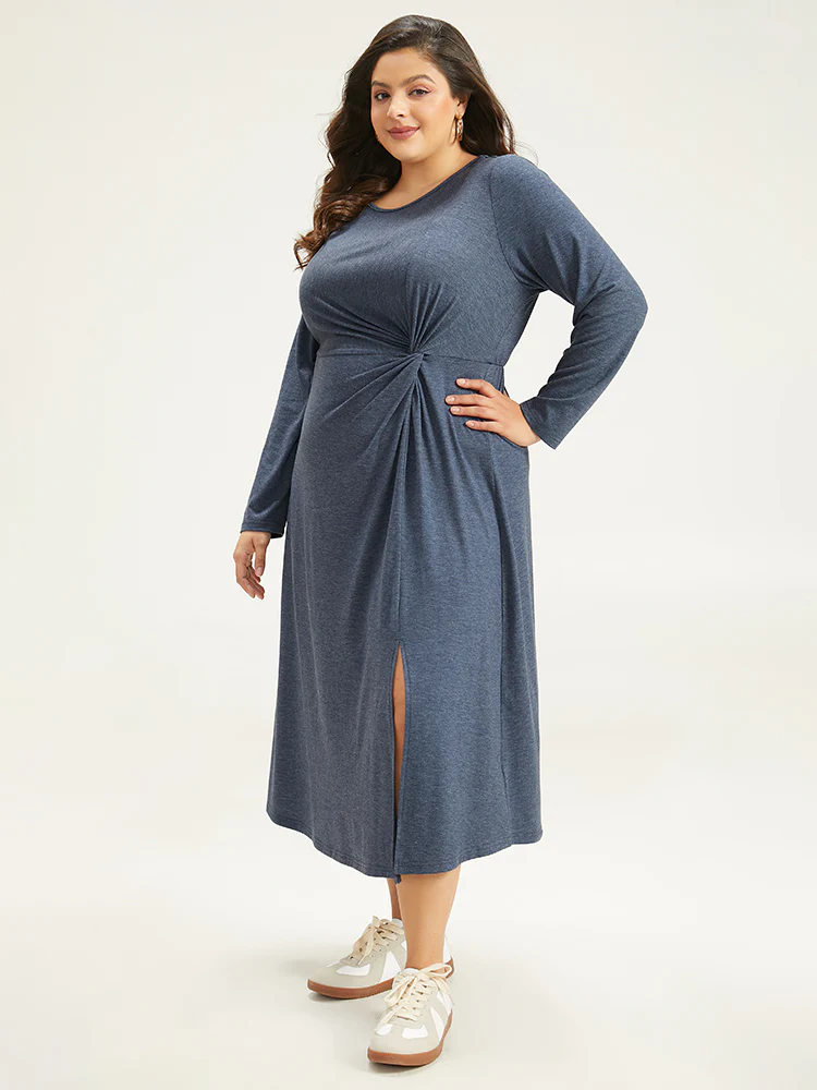 Plain Crew Neck Twist Front Split Hem Dress - Image 3