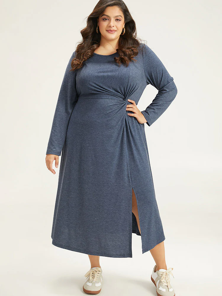 Plain Crew Neck Twist Front Split Hem Dress - Image 4